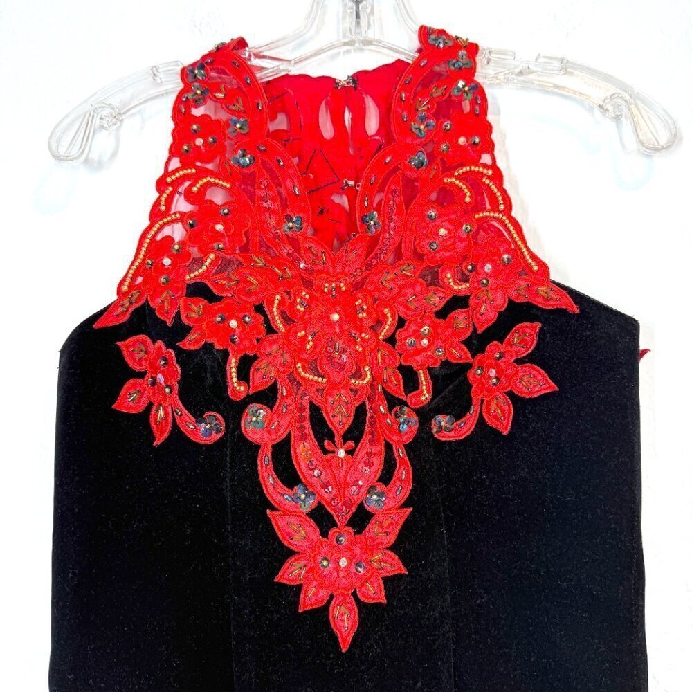 Vintage Cheongsam Qipao Dress Gown Black Velvet Red Long Maxi Hand Sewn Lace XS - Picture 5 of 12